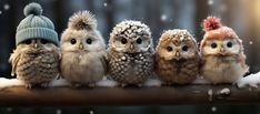 five little owls are sitting on a branch in the snow wearing knitted hats and scarves