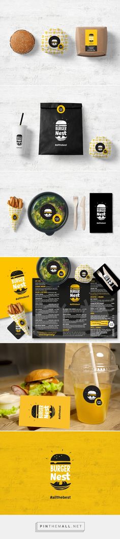 the food and beverage packaging design is shown in three different colors, including black, yellow, and white