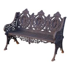 an old bench with carvings on the back and sides, sitting in front of a white background