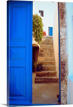 an open blue door with steps leading up to it and a potted plant in the doorway