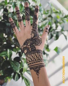 a woman's hand with henna tattoos on her left arm and palm in the background