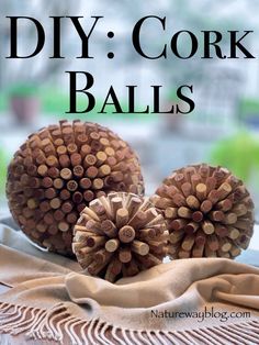 two pine cones sitting on top of a table next to a brown cloth with the words diy cork balls