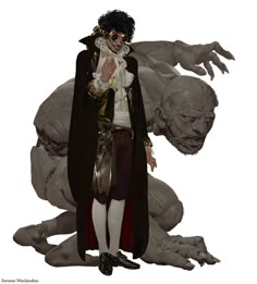 a man dressed in costume standing next to a giant creature