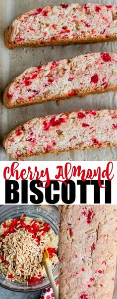 strawberry almond biscotti bread is shown in this collage with the words berry almond biscotti