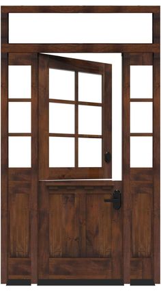 an open wooden door with glass panels