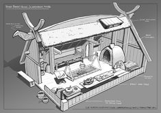 a drawing of a small wooden cabin with tools and materials on the outside, including an oven