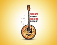 a guitar with the words food is music to the body music is food to the heart