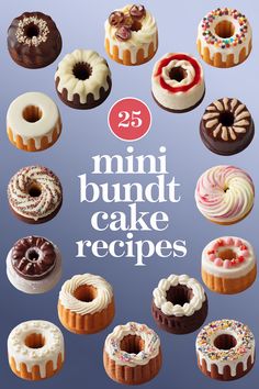 the cover of 25 mini bundt cake recipes is shown with many different types of donuts