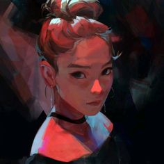 a digital painting of a young woman with red hair and bun in her top knot