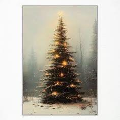 a painting of a christmas tree in the snow with lights on it's branches