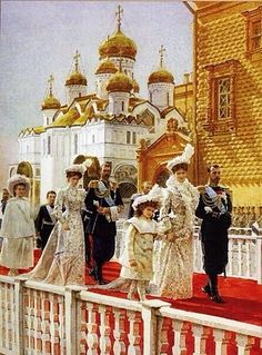 a painting of people standing on a red carpet in front of a building with gold domes