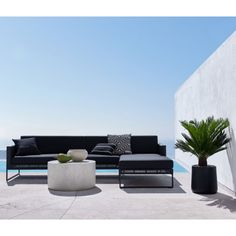 a black couch sitting on top of a cement floor next to a white vase and potted plant