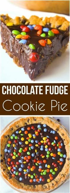 chocolate fudge cookie pie with m & m cookies in the middle and on top