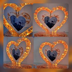 four images of a heart with lights in the shape of two people and a building