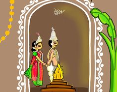 Digital illustration of a Bengali couple taking 7 feras which is a important Hindu marriage rituals by Titan Saha. Hindu Marriage, Couple Illustration Wedding, Alpona Design