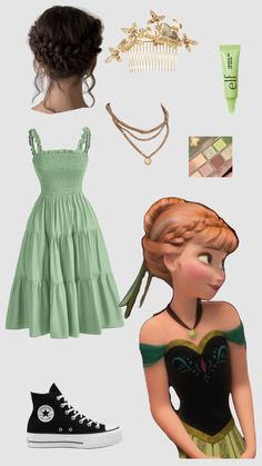 some disney princess outfits and accessories are arranged in the shape of an adult female's head