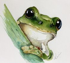 a watercolor painting of a frog resting on a leaf