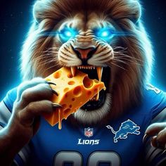 the detroit lions'mascot is eating cheese