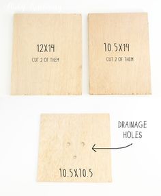 three wooden plaques with numbers and measurements for each piece of wood that is cut in half