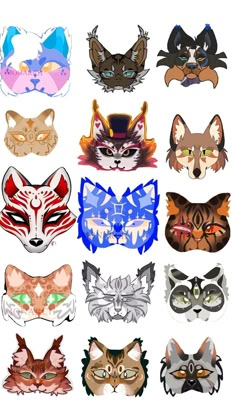 a bunch of different types of animal masks on a white background with the same color