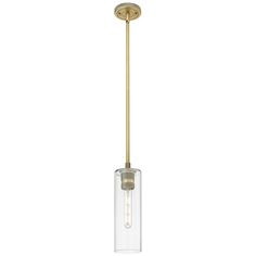 a light fixture with a clear glass tube hanging from it's end and a brass finish