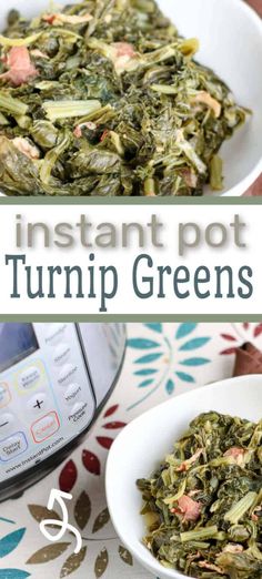 instant pot turnip greens in a white bowl next to an instant pressure cooker