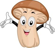 a mushroom cartoon character holding his hands up to the side with both hands and smiling