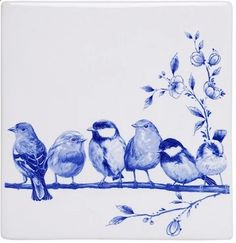 four birds are sitting on a branch with flowers in the background and one is blue