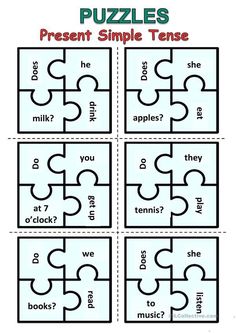 four puzzles with the words present simple tense in each one, which has two missing pieces