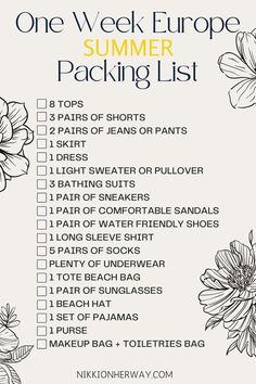 the one week europe packing list is shown with flowers in black and white on it