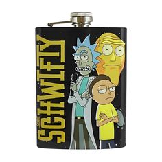 a black flask with cartoon characters on it