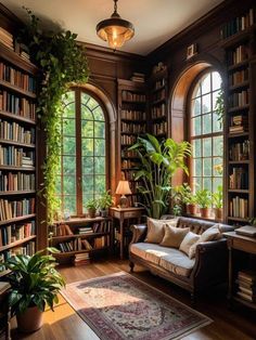 a living room filled with lots of books and furniture next to two large arched windows