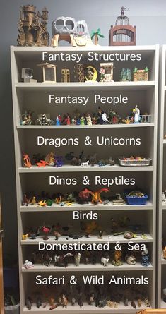 the shelves are filled with many different types of figurines