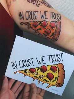 two people with tattoos on their arms holding up signs that say in crust we trust