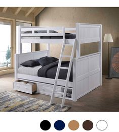 a bunk bed with drawers underneath it and a ladder on the bottom level, in front of a window