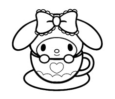 a cartoon character with a bow on her head sitting in front of a coffee cup