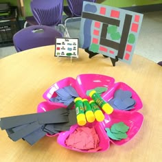 a pink plate with scissors and other crafting supplies on it sitting on a table