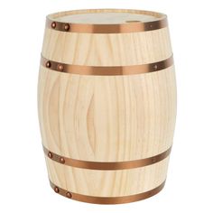 a wooden barrel with two metal straps on the bottom and one in the middle, against a white background