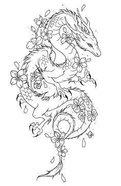 a dragon and flowers tattoo design