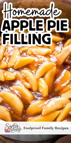 homemade apple pie filling in a pan with text overlay