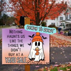 a yard sale sign with a cartoon ghost holding a hot dog on it's head