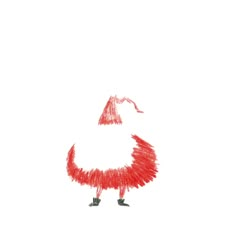 a red and white drawing of a duck wearing a santa hat, standing in the snow