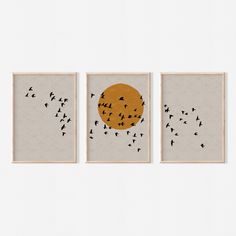 three framed art pieces with birds flying in the sky and an orange sun behind them