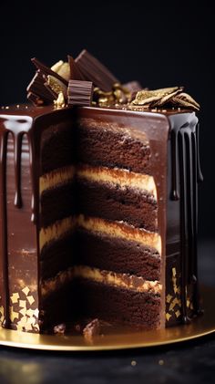 a large chocolate cake on a gold platter with pieces cut out of the cake