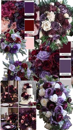 a collage of different shades of purple, red and white with flowers in them