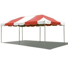 a large red and white tent with the top closed on it's sides, set against a white background