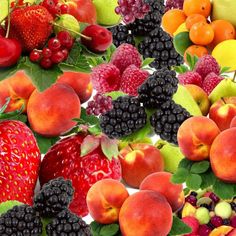 an assortment of fresh fruit is displayed on a white background