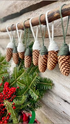 pine cones are hanging from the side of a wooden wall