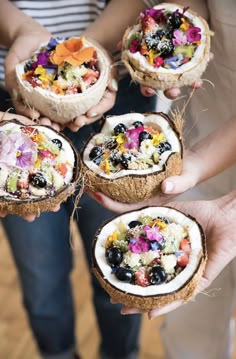 three pictures showing different types of food in coconuts