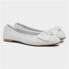 White Lace-up Chic Flats, White Lace Flats Bridal, White Lace-up Shoes With Textured Sole And Flat Heel, White Ballet Flats With Bow, White Ballerina Flats, Shoe Zone, White Lace, Lace, White